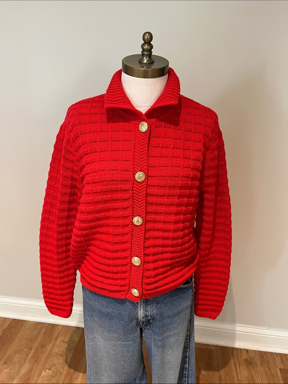Talbots petite Bright Red Textured cotton gold Button-Front Cardigan Size L
